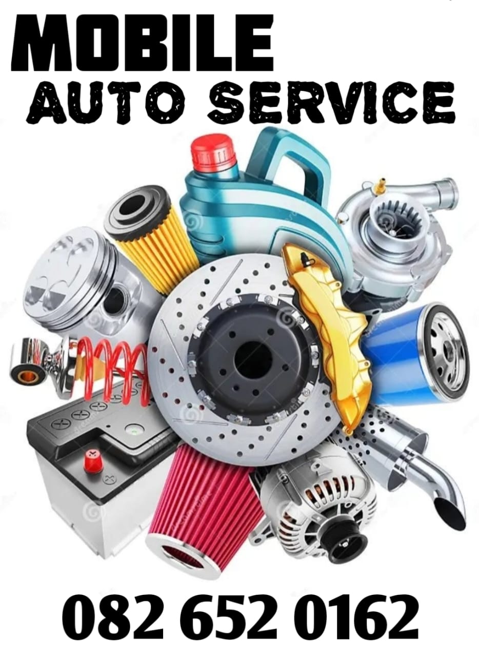 Mobile Auto Service advertisement with automotive service parts and phone number 082 652 0162